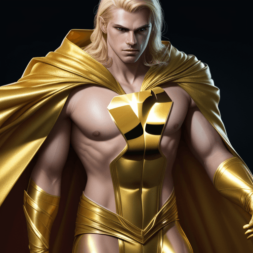 AI generated: male super hero named champion blond hair, no symbol, skin tight gold suit, gold cape, gold gloves, ...