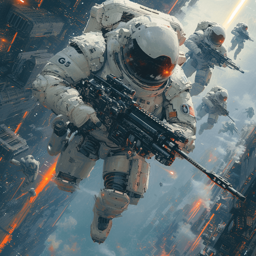AI generated: in space, futuristic epic sci-fi, wide angle,  men and women soldiers space marines with machine gun...