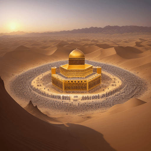 AI generated: Generate an evocative image capturing desert surrounding Mecca, filled with an immense crowd gathere...