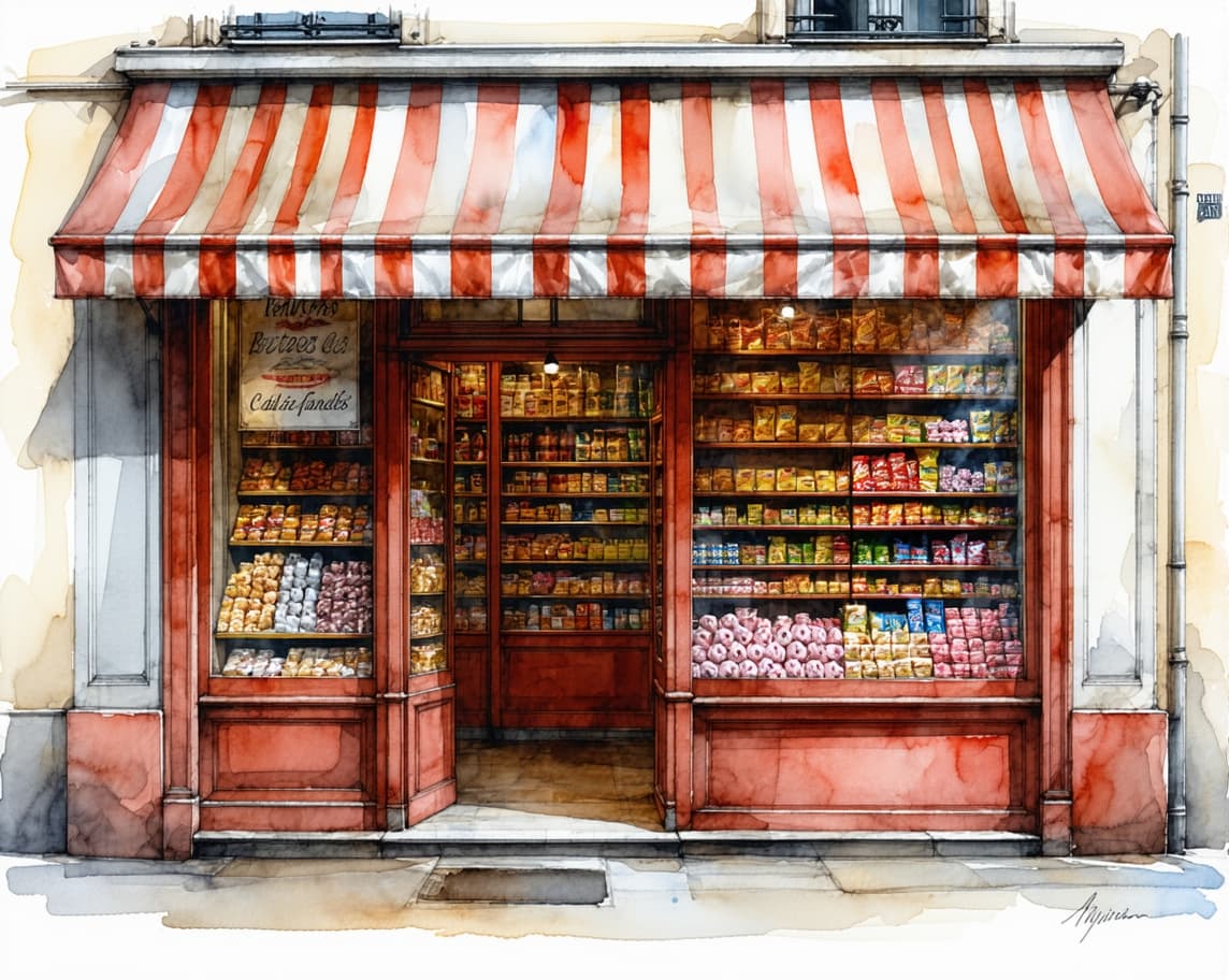 AI generated: ((hyperrealistic)) cover art illustration color pencil, Paris from 1900, a modest and small candies ...