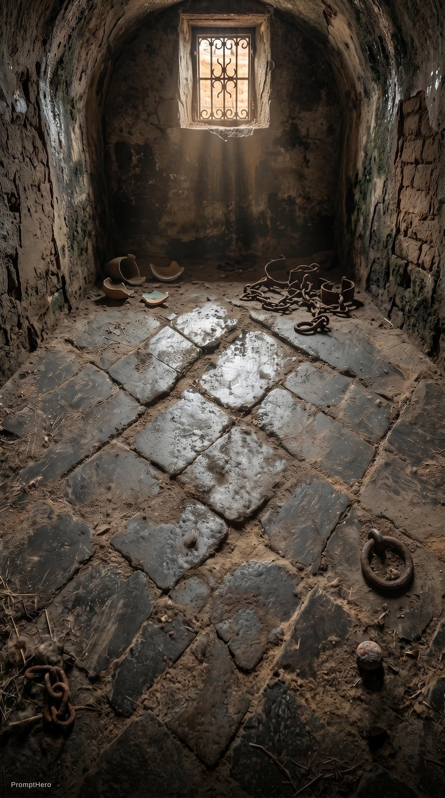AI generated: Photo realistic photo. Need a dungeon scene madagascar 1825 royal palace dungeon bad condition first...