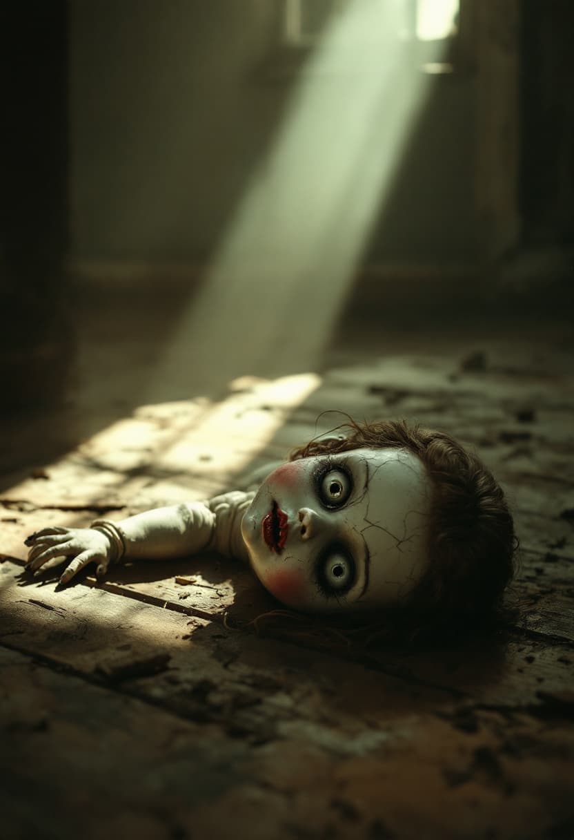 AI generated: a hauntingly lit, cinematic photograph of a delicate, antique porcelain doll, its face cracked, with...