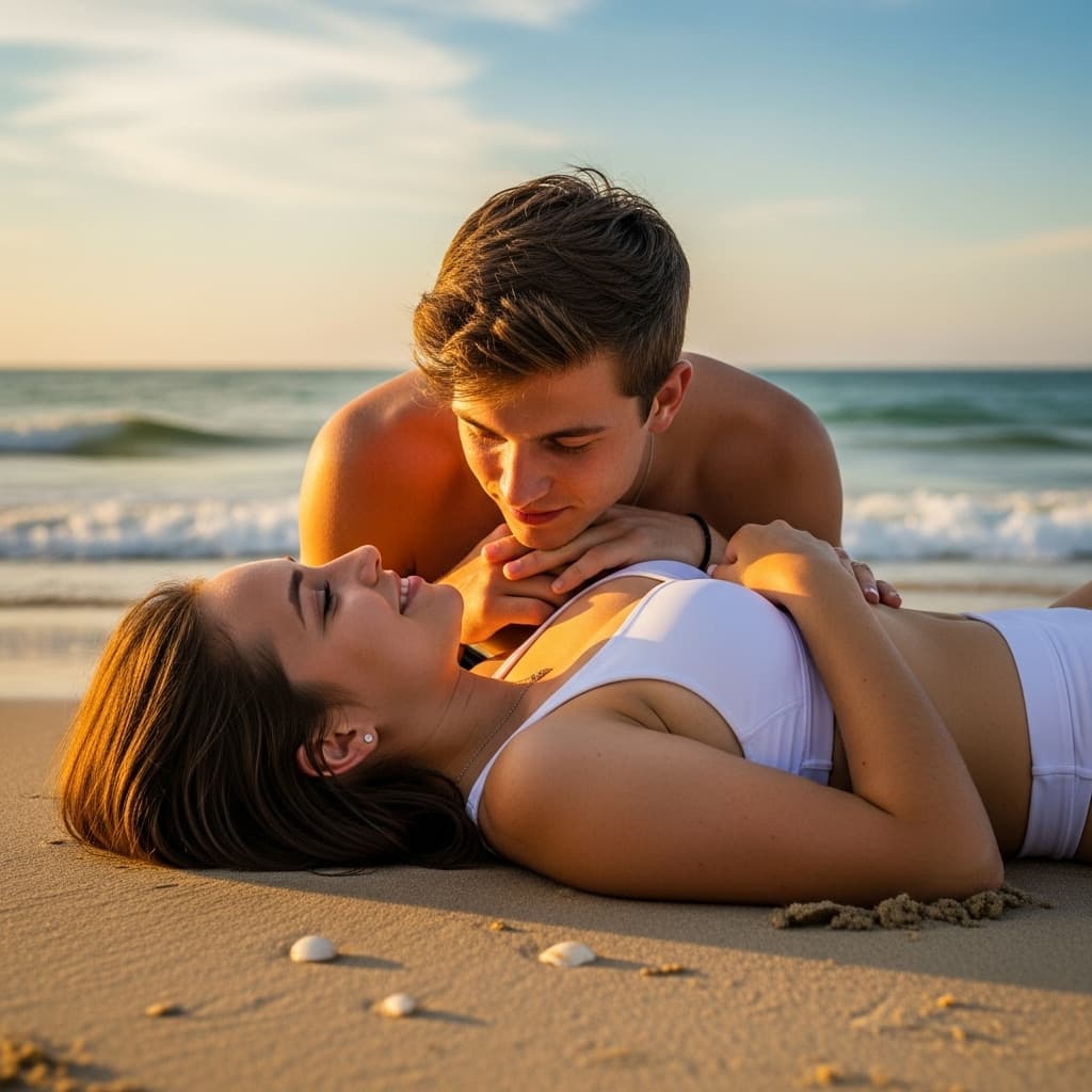 AI generated: 18 year old girl getting fucked missionary at the beach with nice mid big tits and a clean shaved pu...