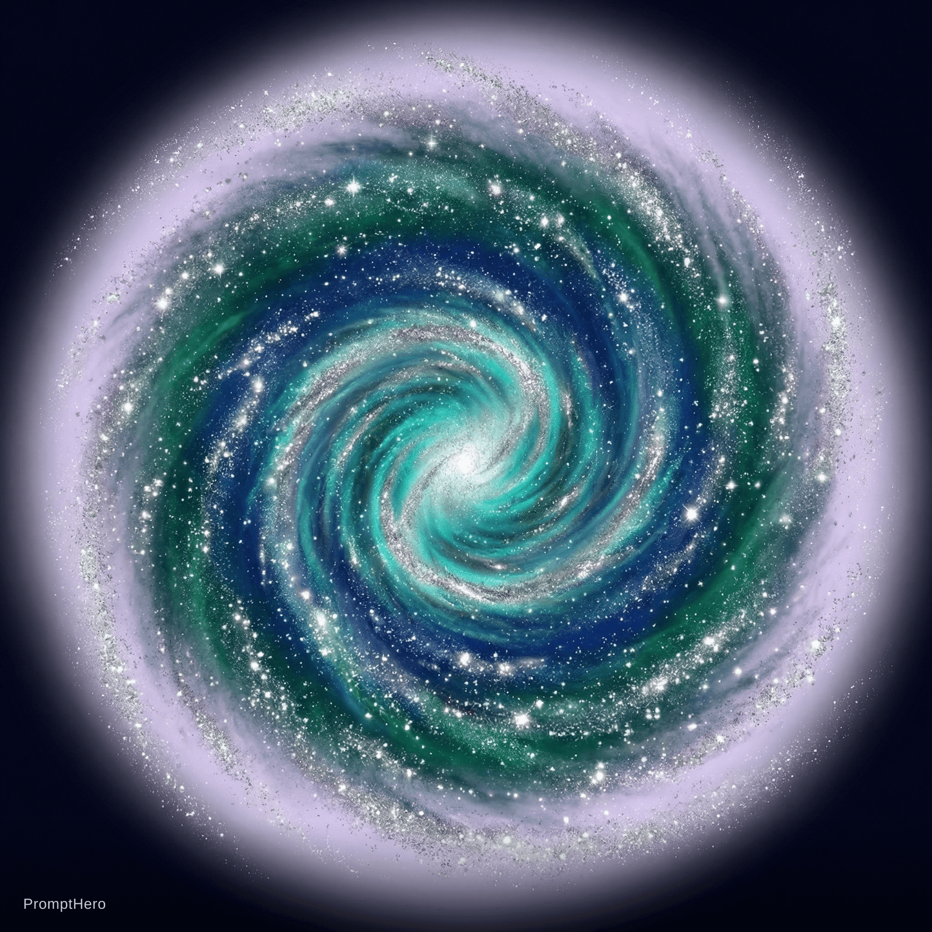 AI generated: create a unique galaxy with it being teal and silver in the center that fades into blues and greens ...