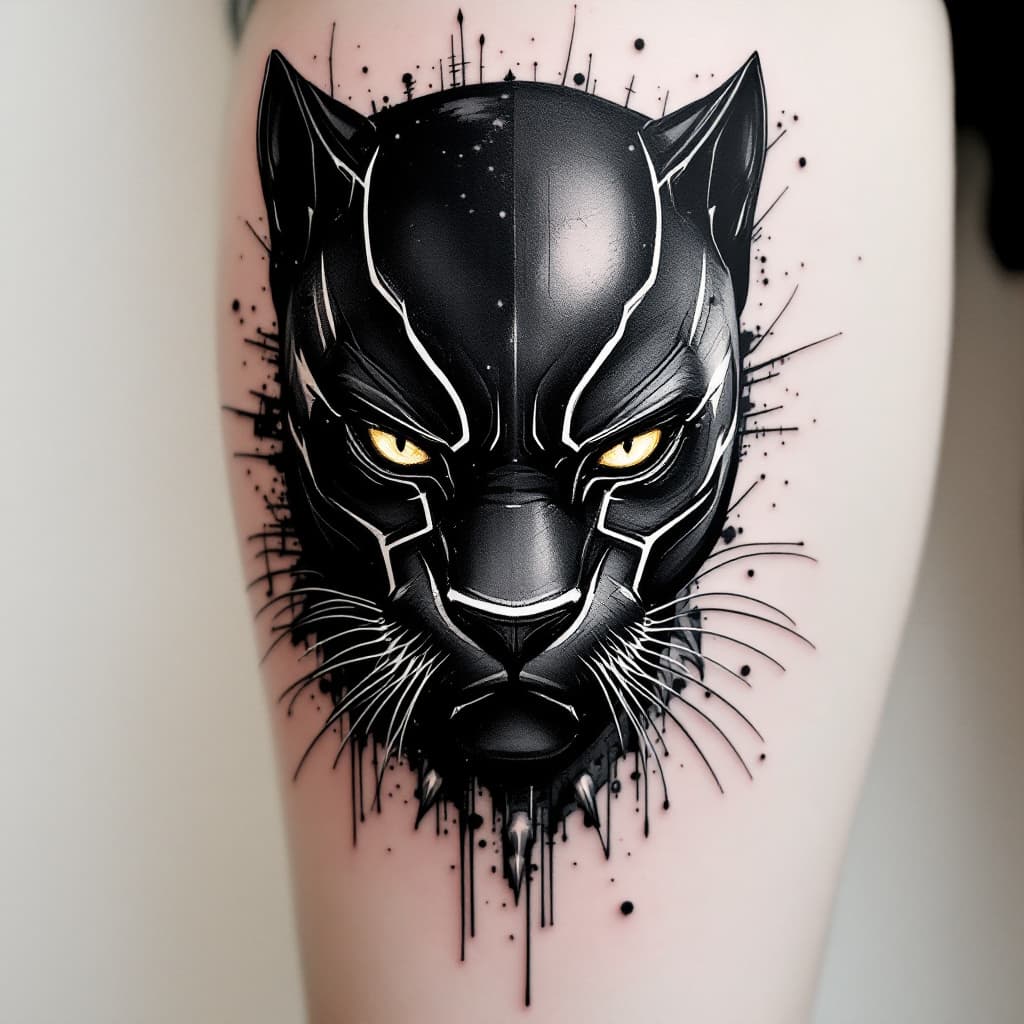 AI generated: tattoo, concept, half black panther animal half marvel black panther, abstract, with many lines, not...