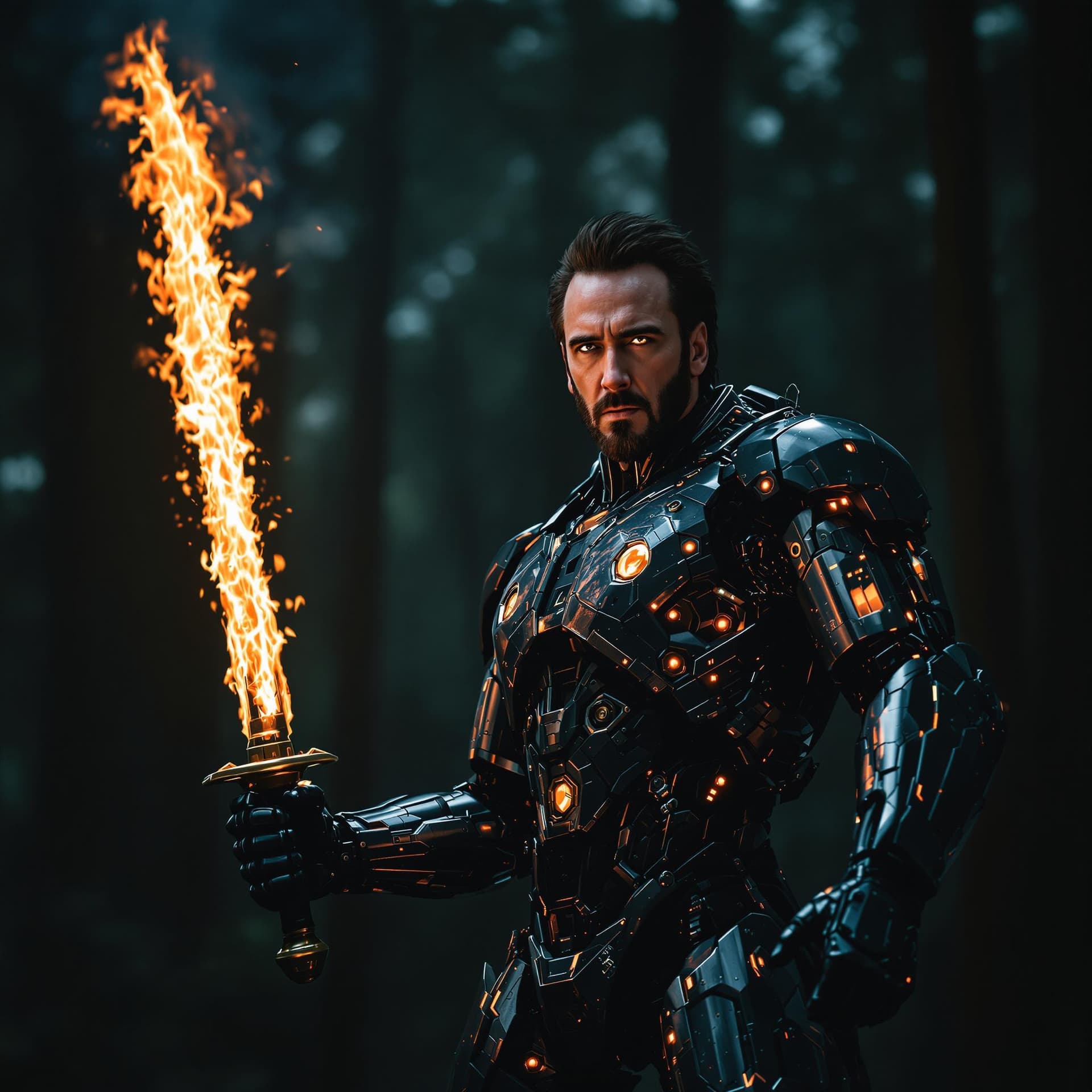 AI generated: The real photo is of a American powerful man Nicolas Cage, with a futuristic cybernetic robot body, ...