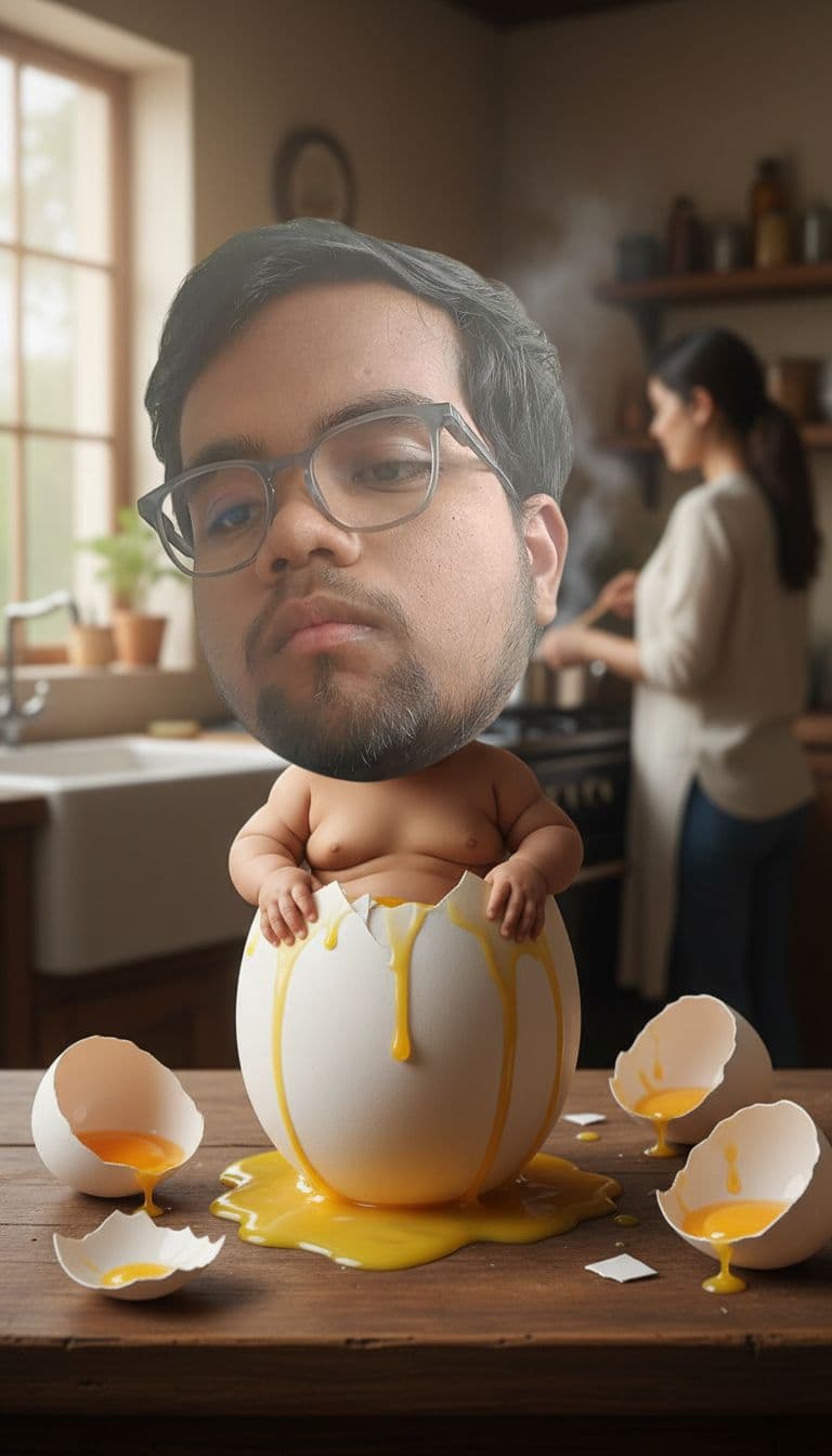 AI generated: Realistic-caricature of a big-headed baby with the face of an Indonesian adult man emerging from a n...
