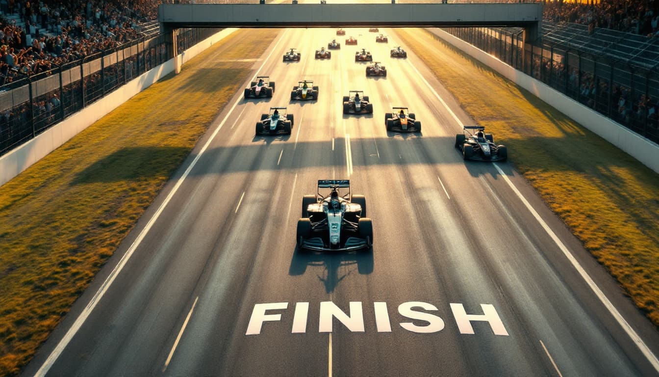 AI generated: The race track is well lit by sunlight.         Tension is increasing. FINISH Transpost over a wide ...
