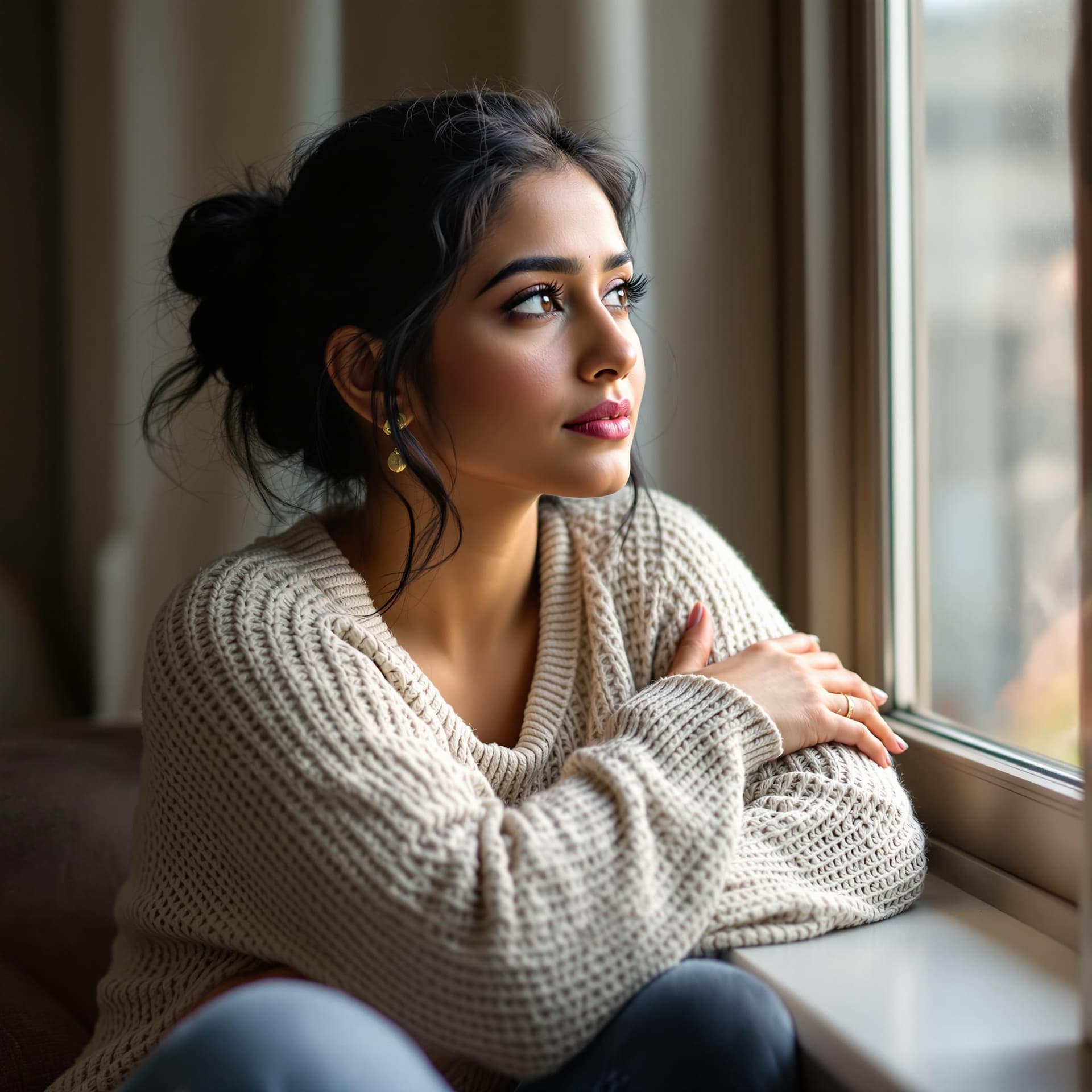 AI generated: A Indian woman sitting by a window in a side profile pose, gazing outside with a pensive expression....