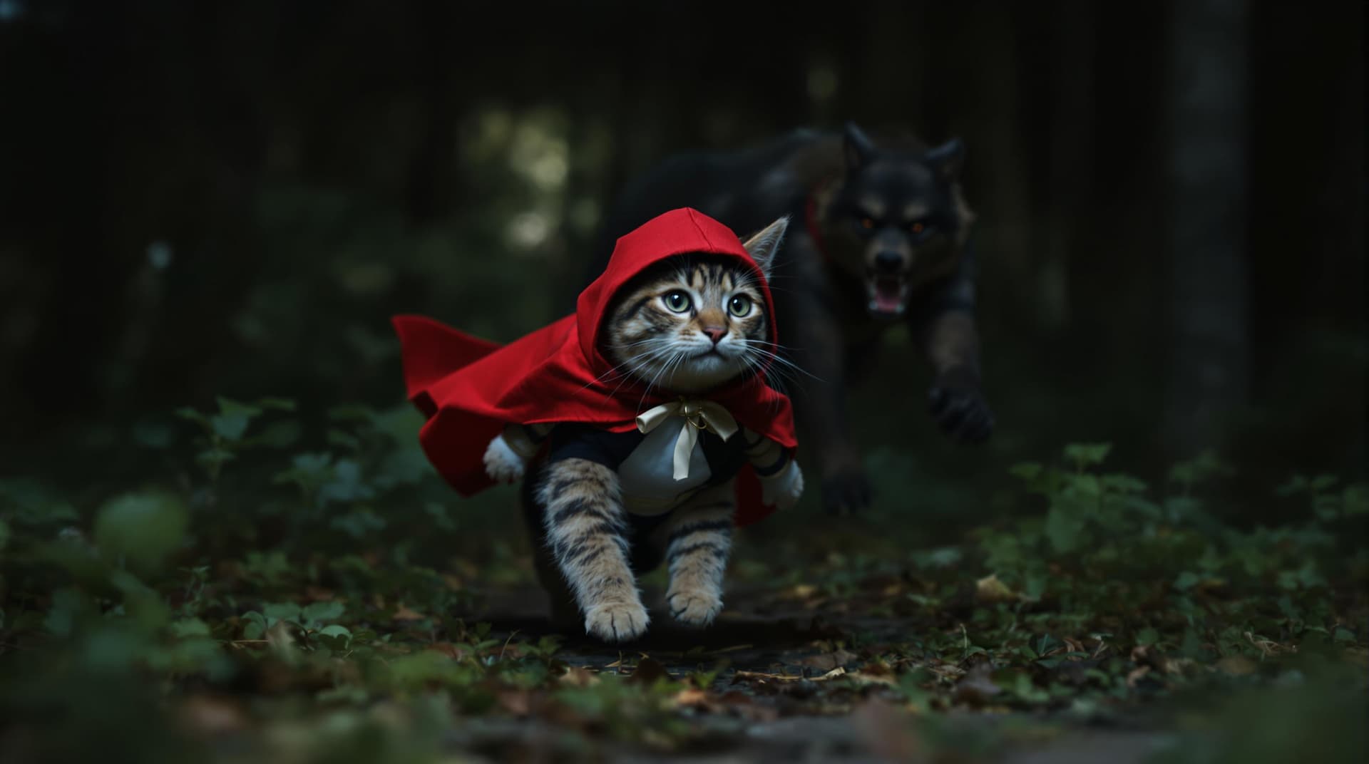 AI generated: anthropomorphic cute cat, wearing the costume of the fairy tale character Little Red Riding Hood, re...
