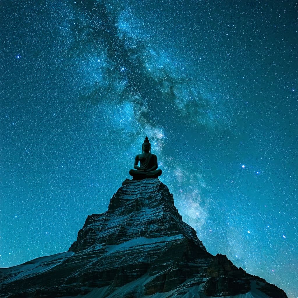 AI generated: Shiv sitting on top of Kailash mountain, with dark sky with bright milky-way and stars