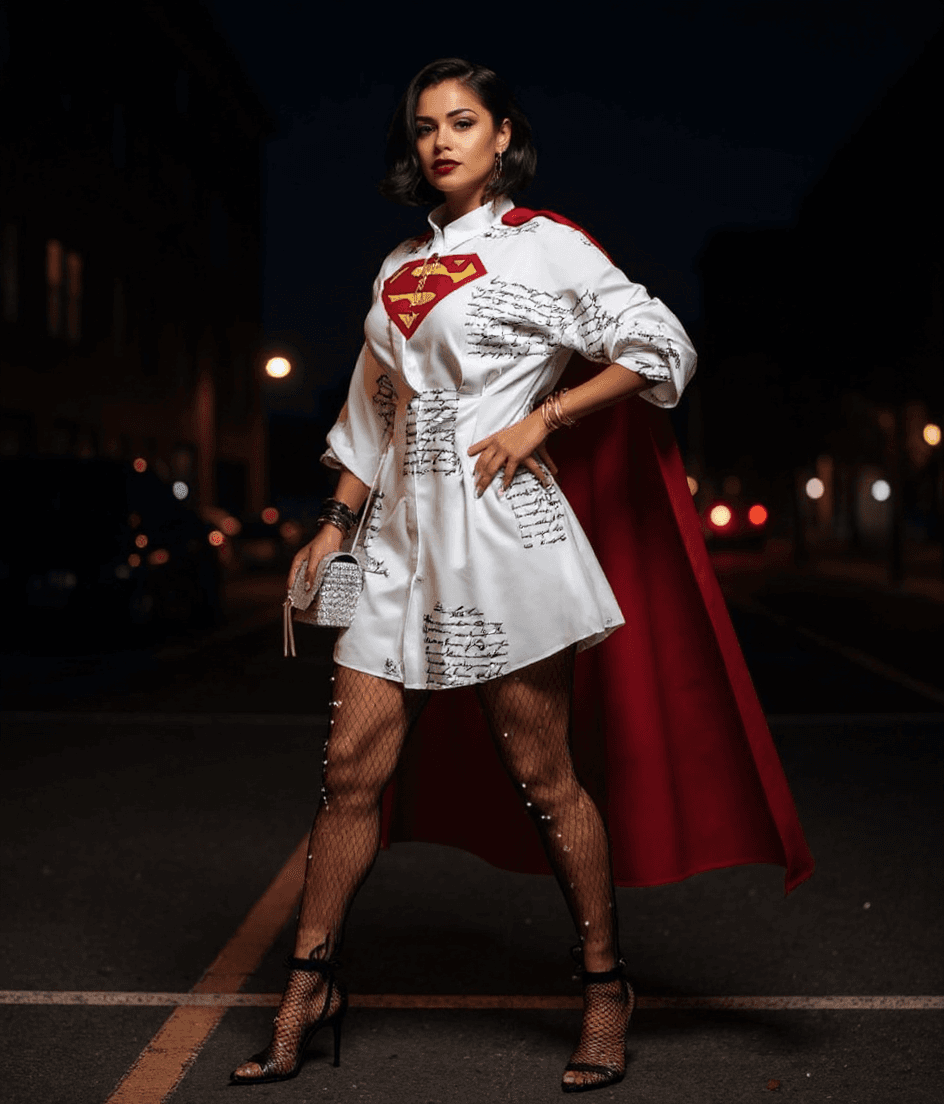 AI generated: photo of supergirl in a supergirl costume with a red cape on her back, black hair, short hair, tan s...