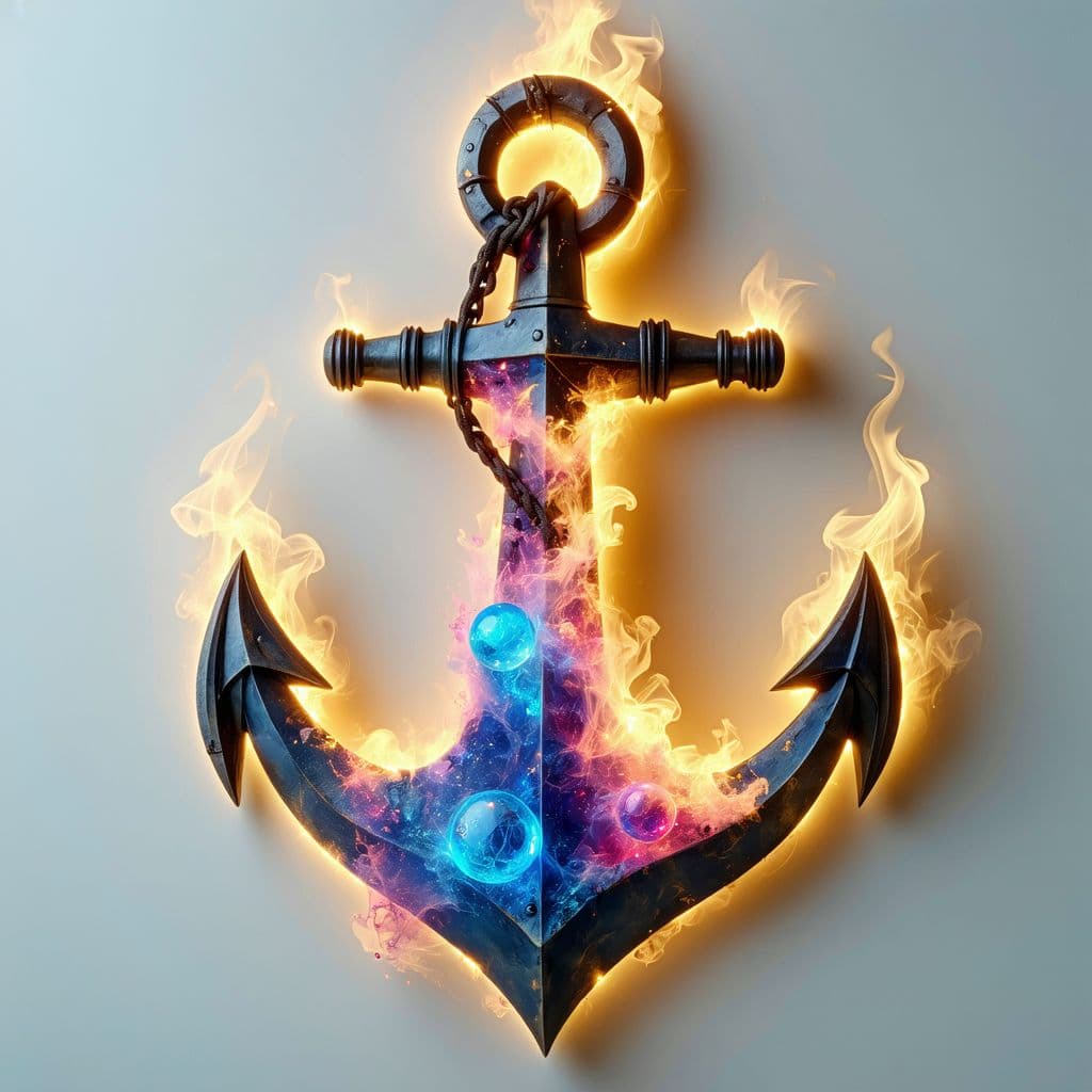 AI generated: A finely detailed, steampunk-inspired anchor vector mounted on a white wall. The anchor features glo...