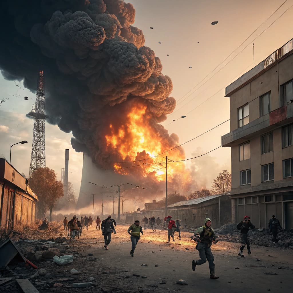 AI generated: massive explosion as a bomb drops on a power station, people running for thier lives away from the e...