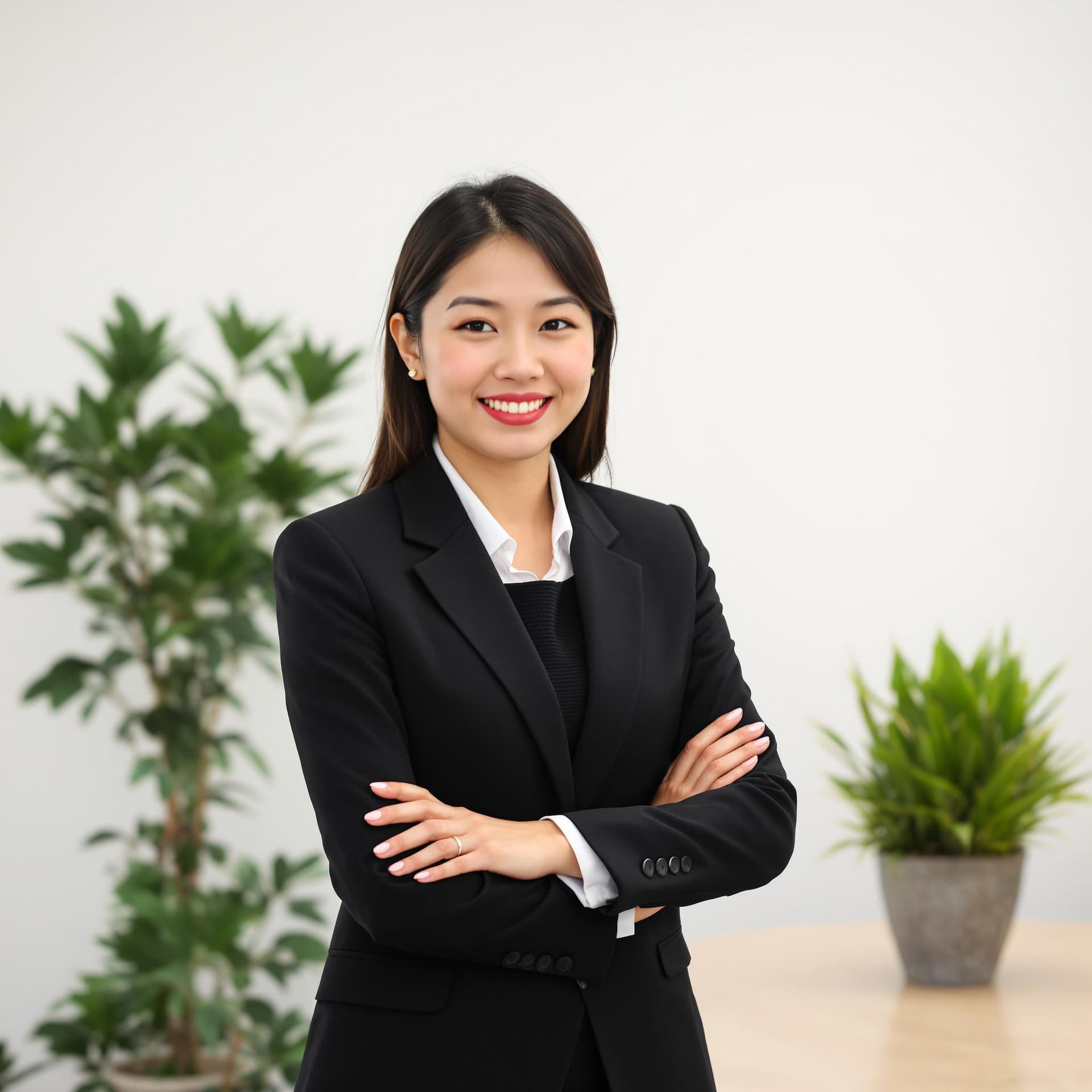 AI generated: asian woman in all black business professional attire, white wall office as background