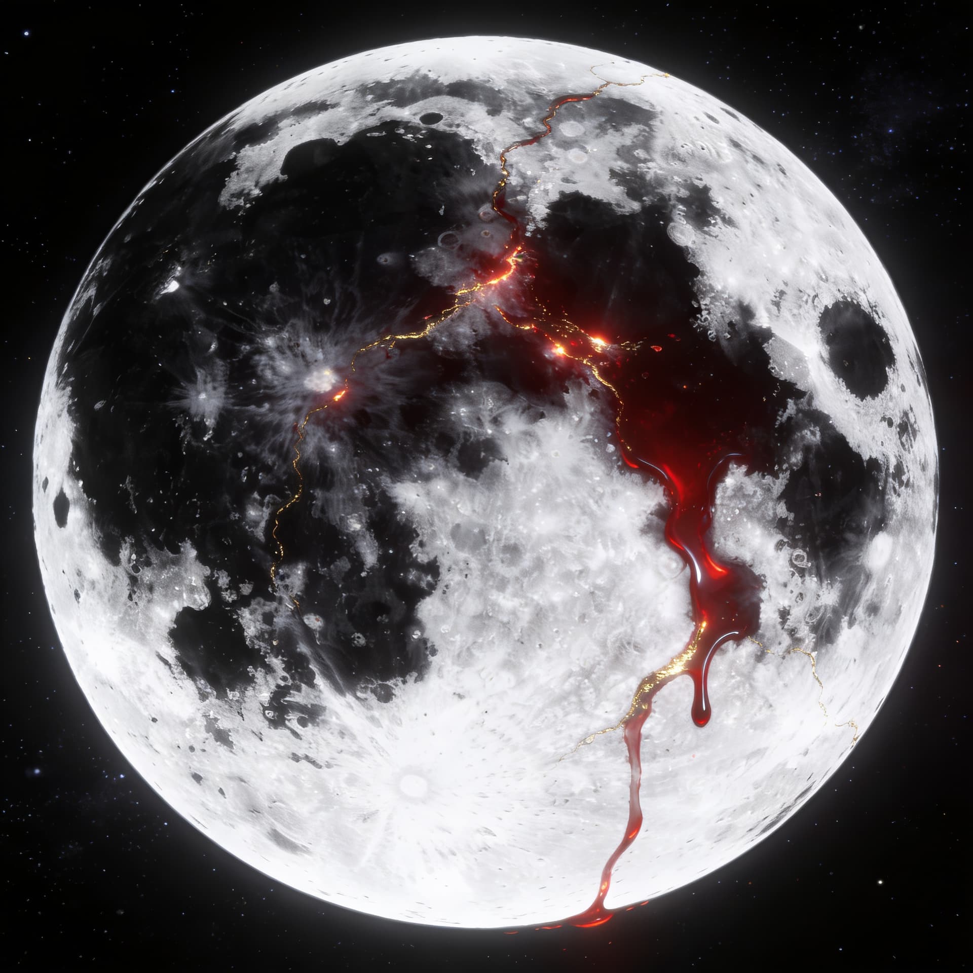 AI generated: a white moon with Black patches and thin rivers of crimson red oil running through it like veins of ...