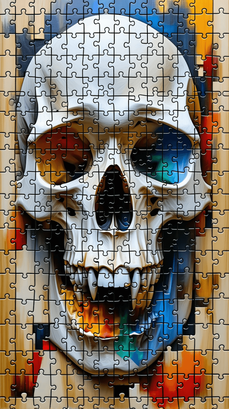 AI generated: macroview of a skull puzzle,pieces forming gothic elements and skull,in style of Paul Klee,8K,ultrar...