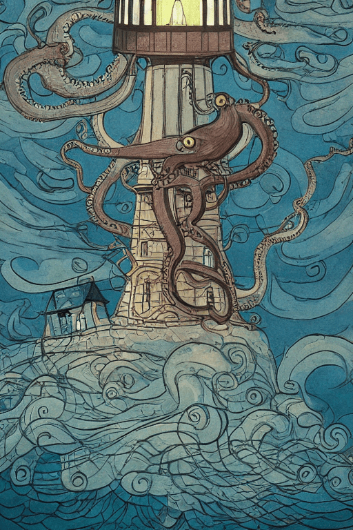 AI generated: A giant octopus with big eyes  holds a lighthouse in its tentacles painted by victo ngai, Alexander ...