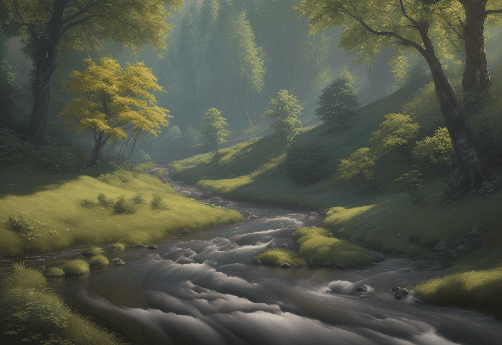 AI generated: photorealistic oil on canvas, 
small hills, slow flowing river, trees,
beautiful setting, summer,
Fo...