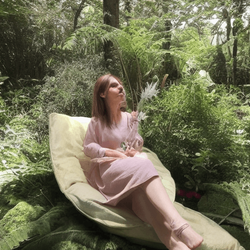 AI generated: Una mujer de mediana edad sentada en una tranquila habitación iluminada por luz natural; (Escenario)...