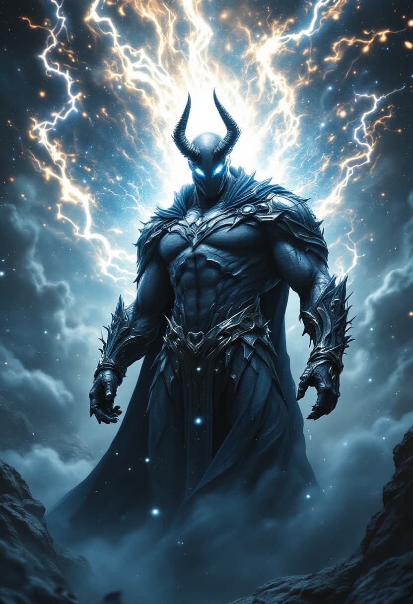 AI generated: God of Metal, full-body, Etherial, muscular, No mouth or hair, Glowing Silver eyes, epic, cinematic,...