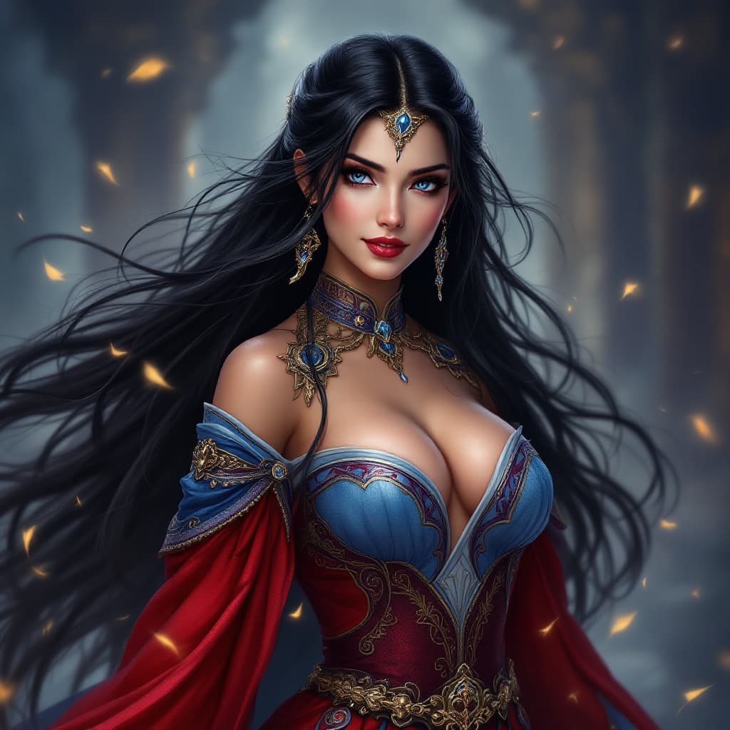 AI generated: A beautiful warrior princess with long raven black hair, blue eyes, and clear face in red and blue r...