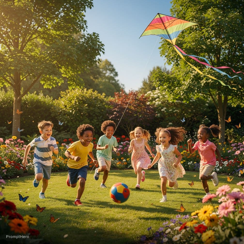 AI generated: A group of happy children playing in a beautiful green garden, colorful flowers everywhere, kids run...