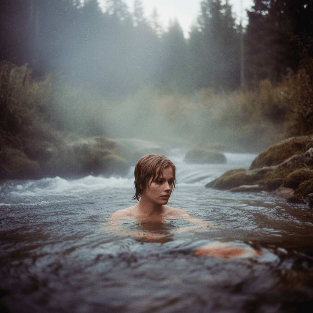 AI generated: hot spring in  a wild river flow, steam rises from the water, a younger
 Natasja Kinski with short w...