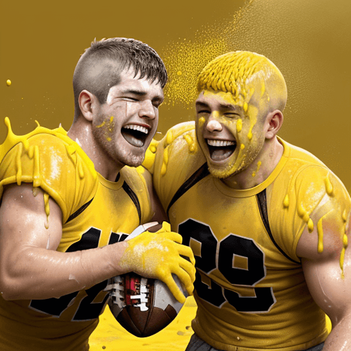 AI generated: two laughing rugged, sweaty, caucasian american football players with short cropped hair, throwing c...
