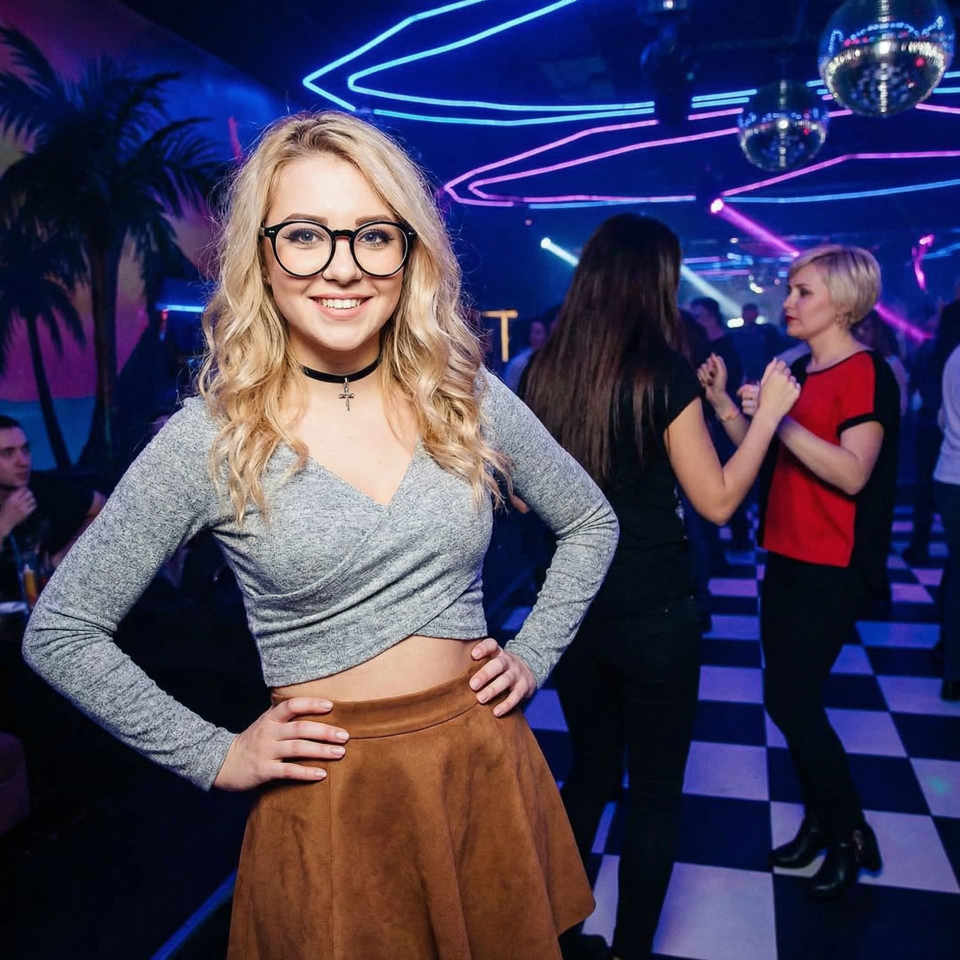AI generated: The photograph captures a young woman standing confidently in a dimly lit, modern nightclub. She has...