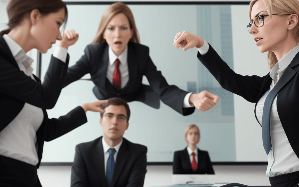 AI generated: Create an image of business executives facing each other in a conference room  using their pointing ...