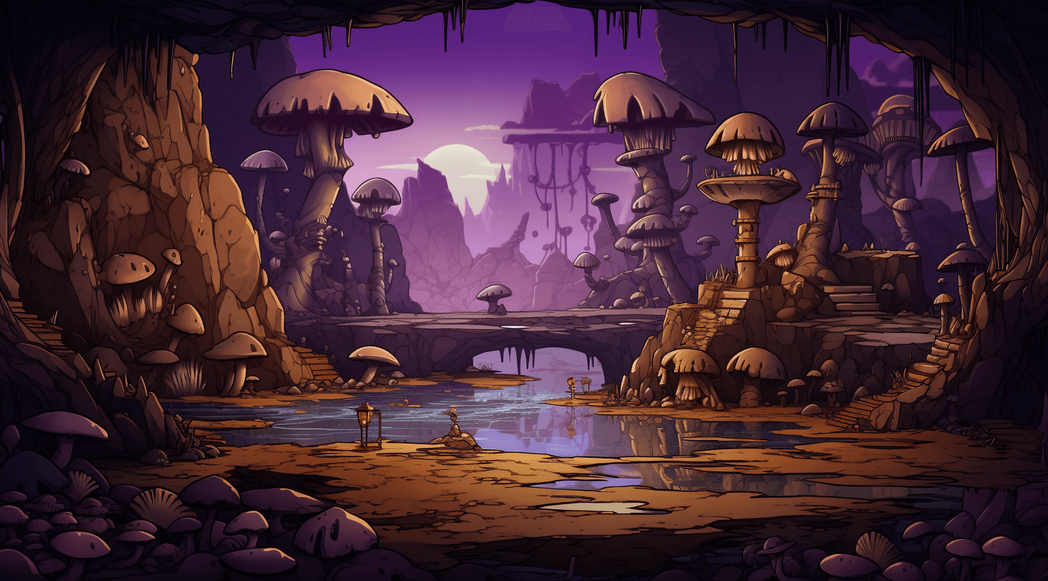 AI generated: a set of mushroom fantasy land with a fireplace, waterfall and stone wall, illustration, in the styl...