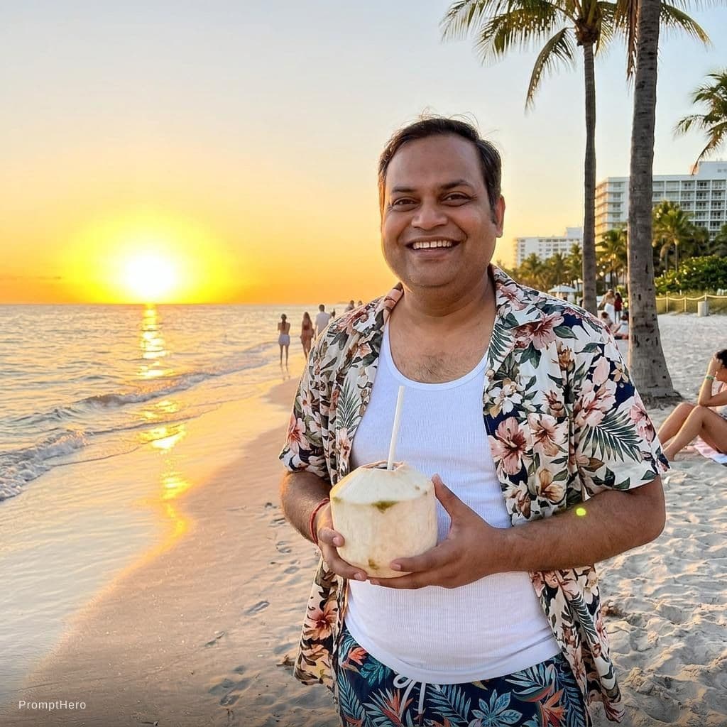 AI generated: What my self in miami beach enjoying sunset with a beach wear and having a coconut water in my side