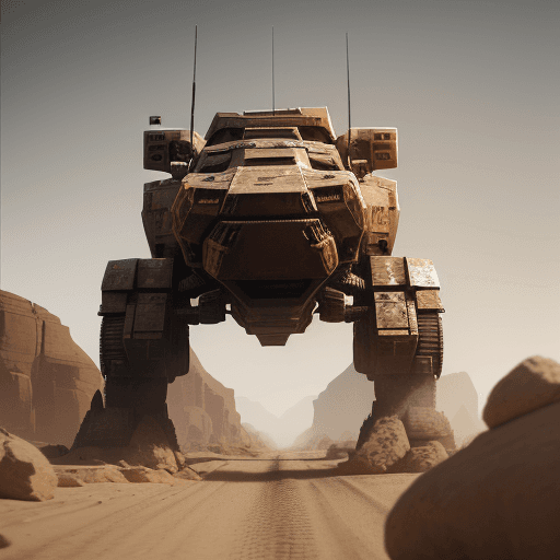 AI generated: mechwarrior with 
back knee and include driver ,same t-rex ,in desert with rocks and stones,machineg...