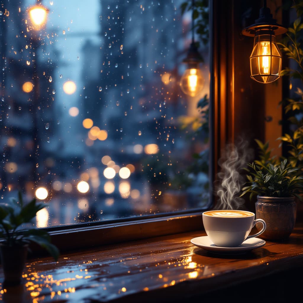 AI generated: A cozy coffee shop on a rainy evening, with warm glowing lights and steam rising from a cup of coffe...