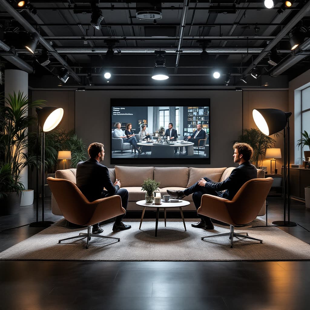 AI generated: the presenter and the guest are sitting on the sofa facing the audience, a spacious TV studio with a...