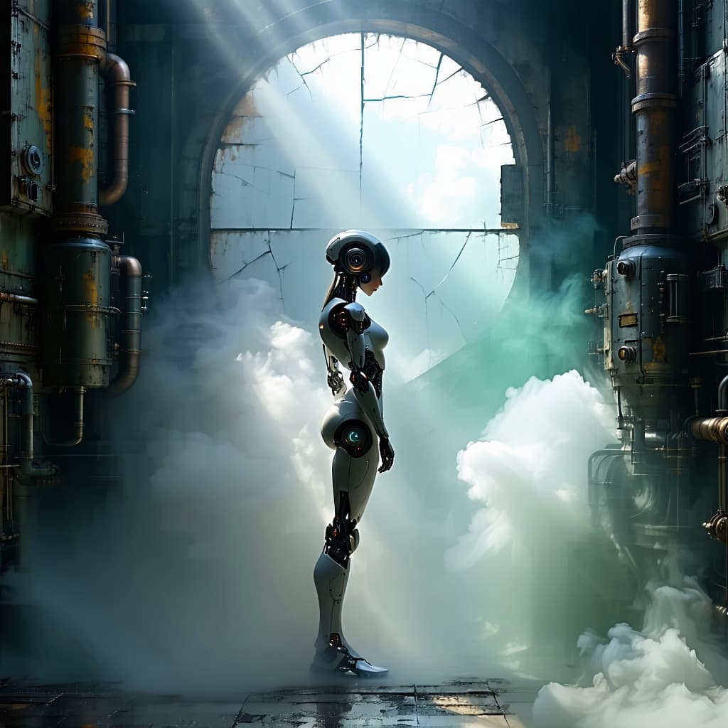 AI generated: Architectural style Full-body photograph of a (beautiful:1.2) (female:1.2) cyborg,suspended in a wor...