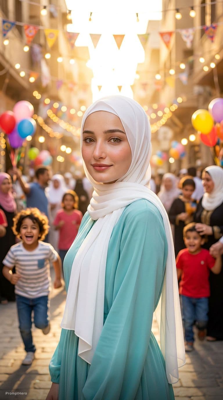 AI generated: A stunning 8K cinematic close-up portrait of a modest Egyptian girl standing in a lively street duri...