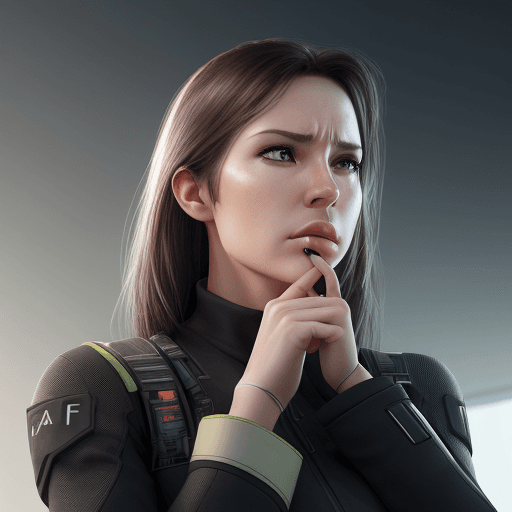 AI generated: photo realistic, modern woman striking a pose looking up index finger to her chin, thinking "I forgo...