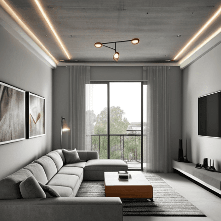 AI generated: Celing concrete colour taupet,modern living room,4k quality,archviz render,the view is behing the co...
