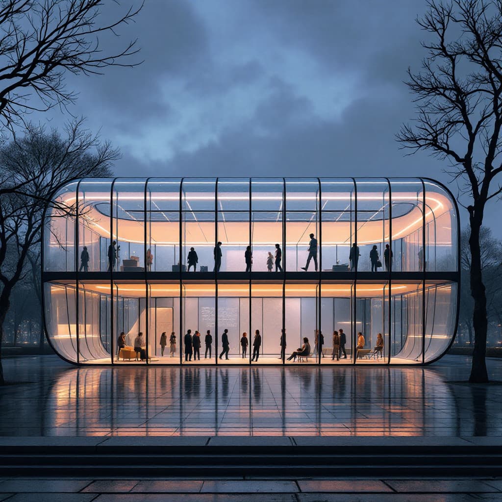 AI generated: modern minimalist architecture, contemporary pavilion design, symmetrical curved structure, panorami...