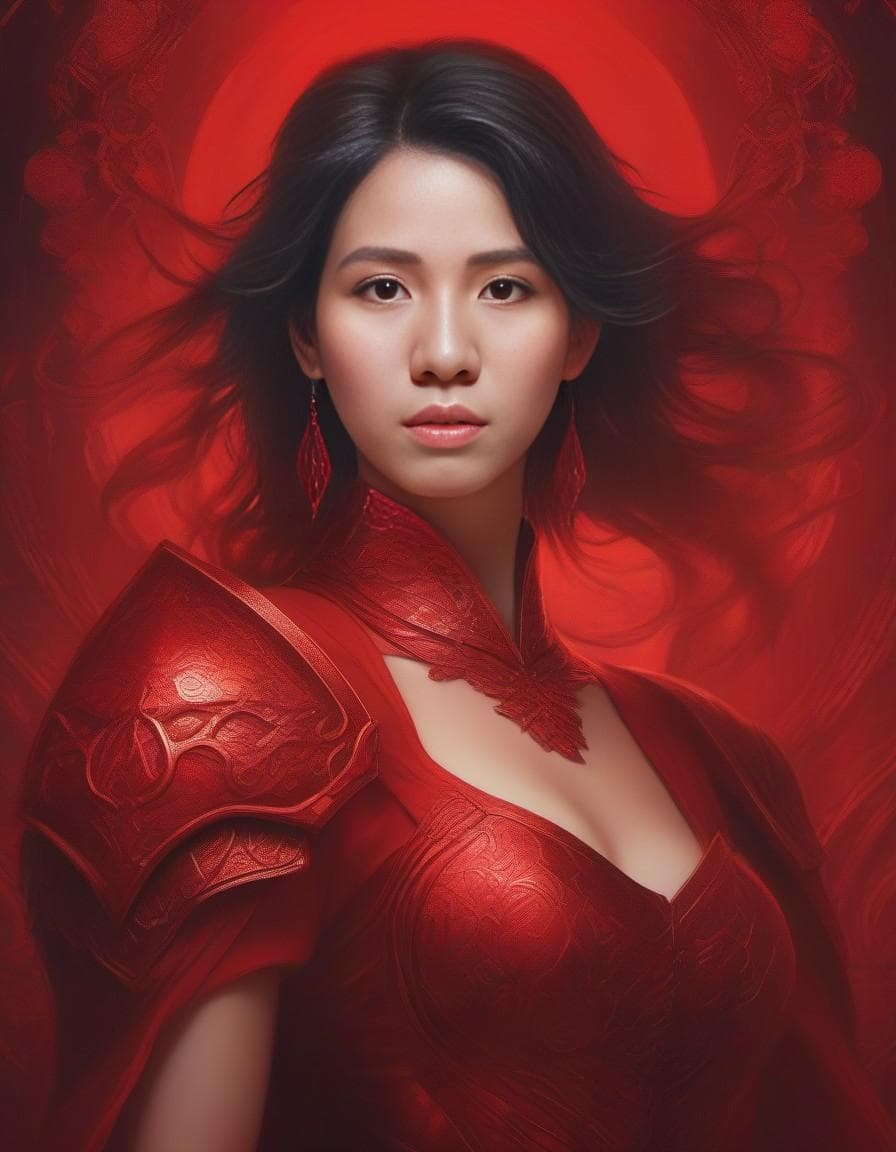 AI generated: arafed woman in a red corset and a red dress, karol bak uhd, alena aenami and artgerm, fantasy woman...