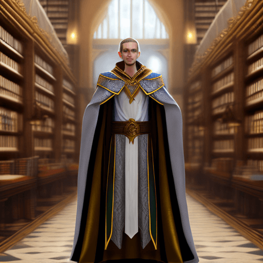 AI generated: A high elf wearing the robes of Archmagi (White), the robe is lined with gold, he is standing in a l...