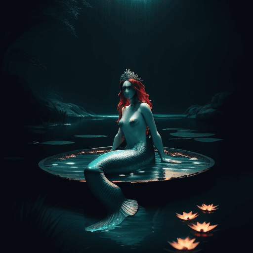 AI generated: Perfect photo of a beautiful Mermaid Queen swimming in a water pond, in an intriguing dark scene, mo...