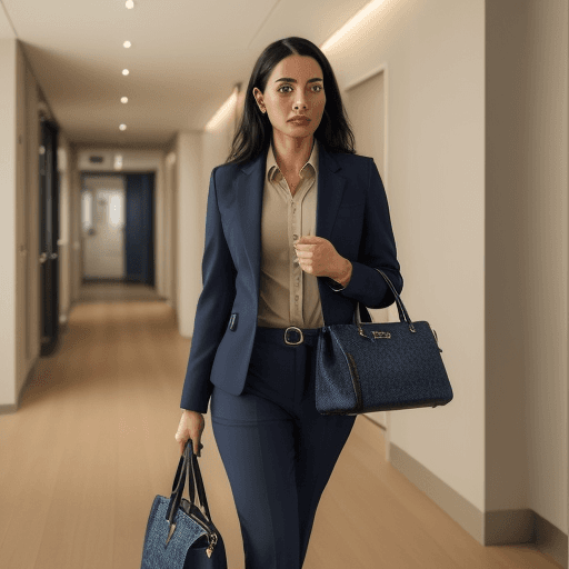 AI generated: photo of a successful woman in her 30s wearing a dark blue suit including a jacket and matching pant...