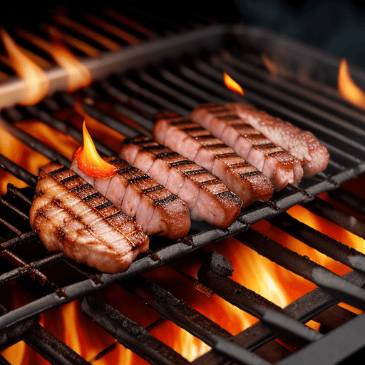 AI generated: Delicious grilled meat in rolling grill basket is lying on a barbecue grill with hot coals and small...
