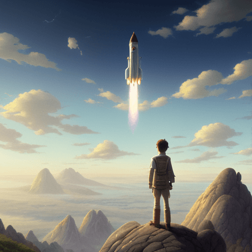 AI generated: mdjrny-v4 style a highly detailed matte painting of a man on a hill watching a rocket launch in the ...