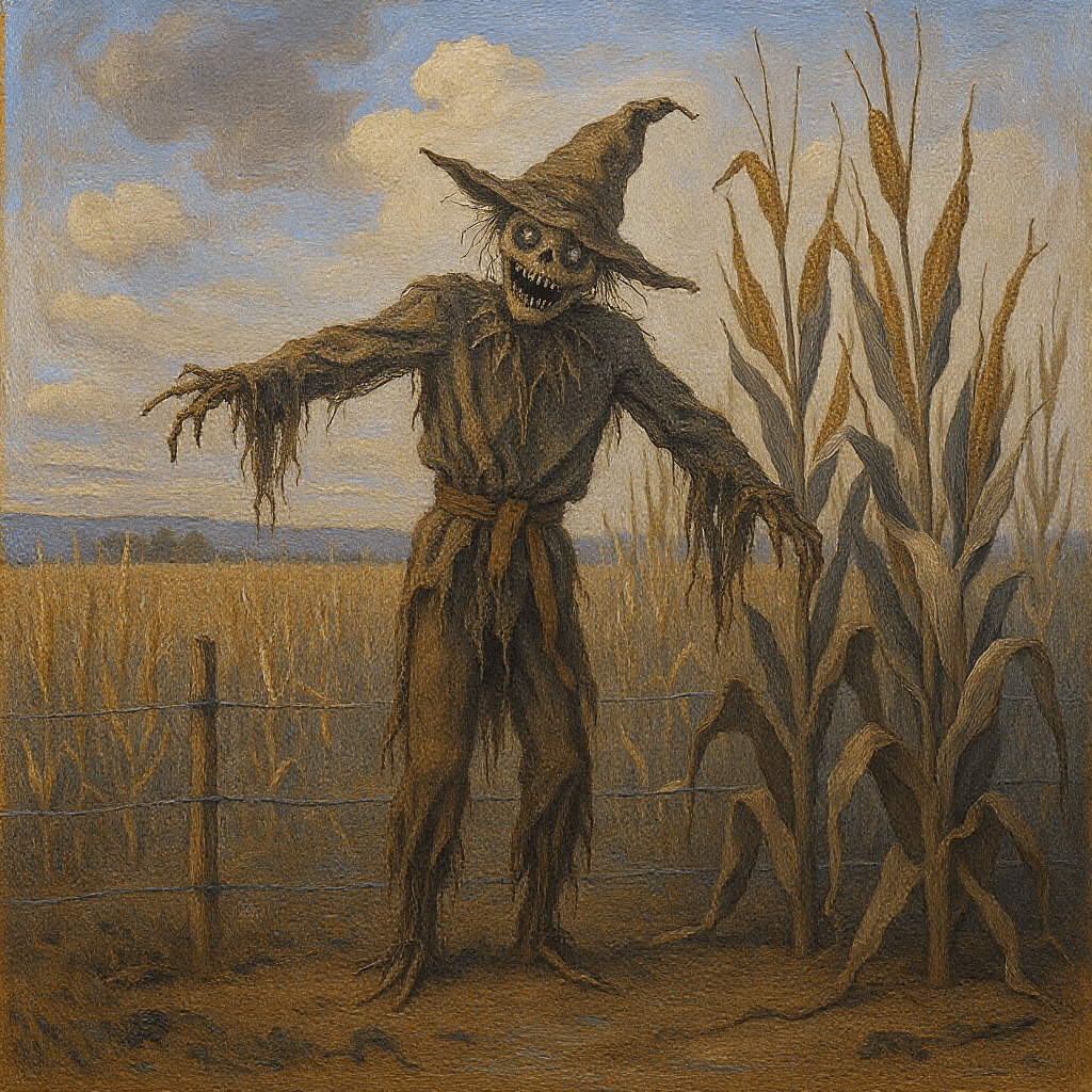 AI generated: centered highly detailed acrylic image of a spooky scarecrow in a fenced in corn field with stalks o...