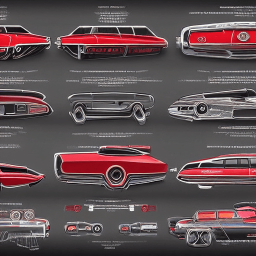 AI generated: mdjrny-v4 style highly detailed infographic of  red retrofuturism cars found in popular mechanics ma...