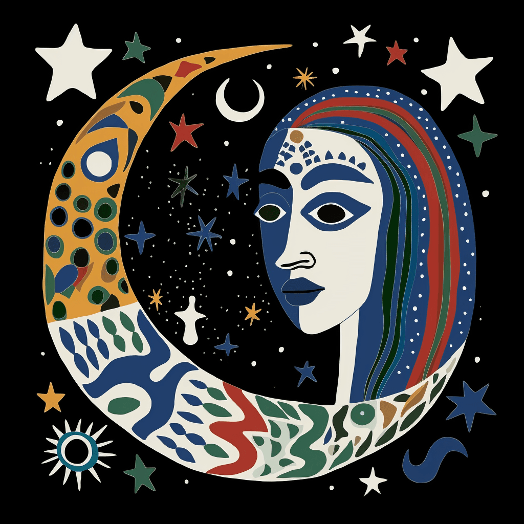 AI generated: A mystical icon of a moon, Pictogram style, dark and mystic palette, art by Faith Ringgold, white ba...